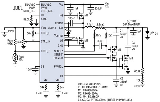 LT3743 typical application schematic delivering 20 A of LED current Application schematic